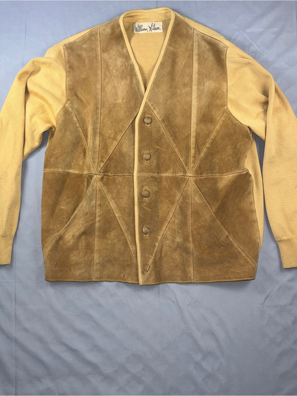 Vintage William Silver Sweater Mens Large Brown Suede Wool Cardigan Knit Lined